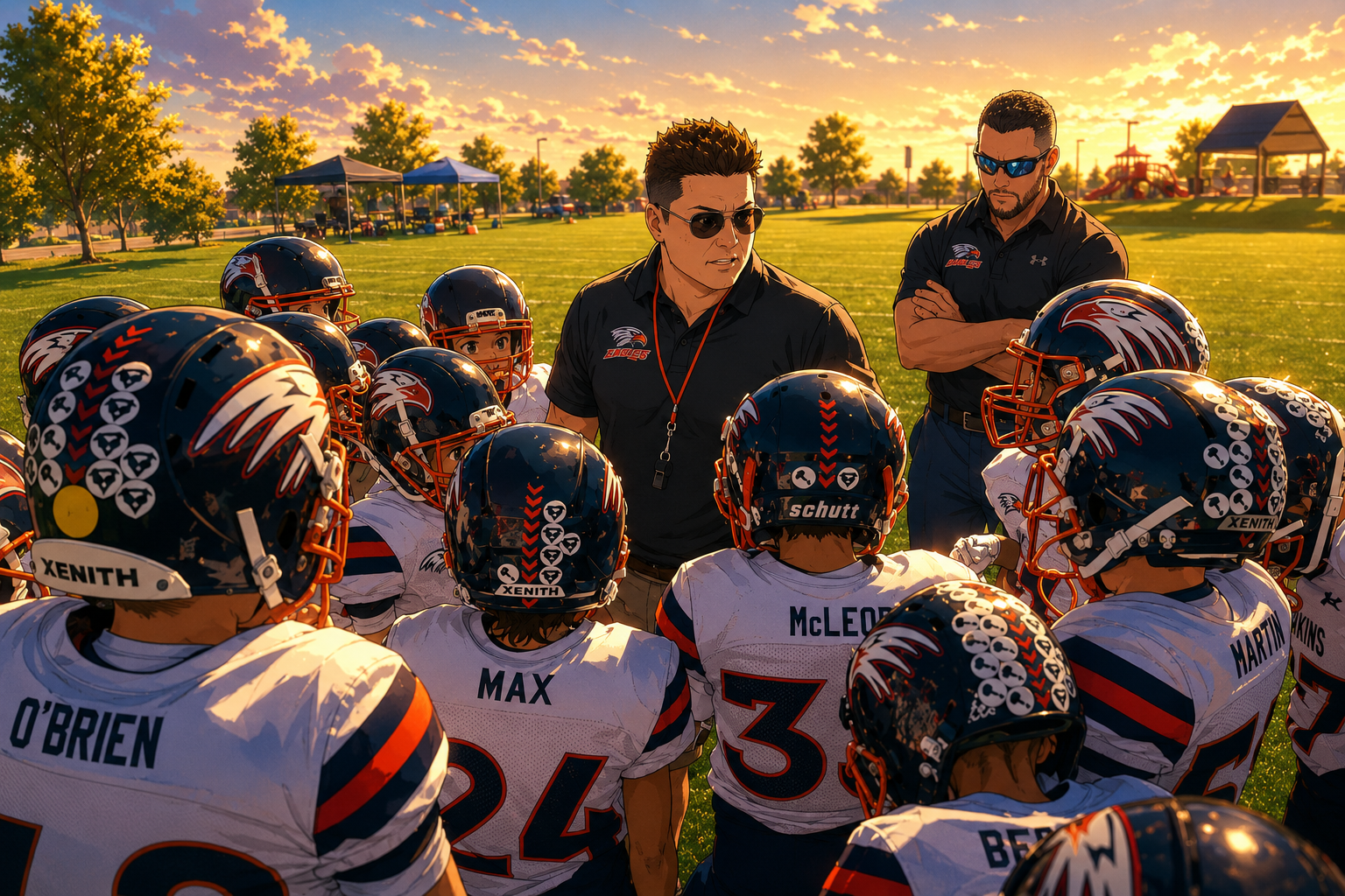 Two youth football coaches huddled with their players before practice.