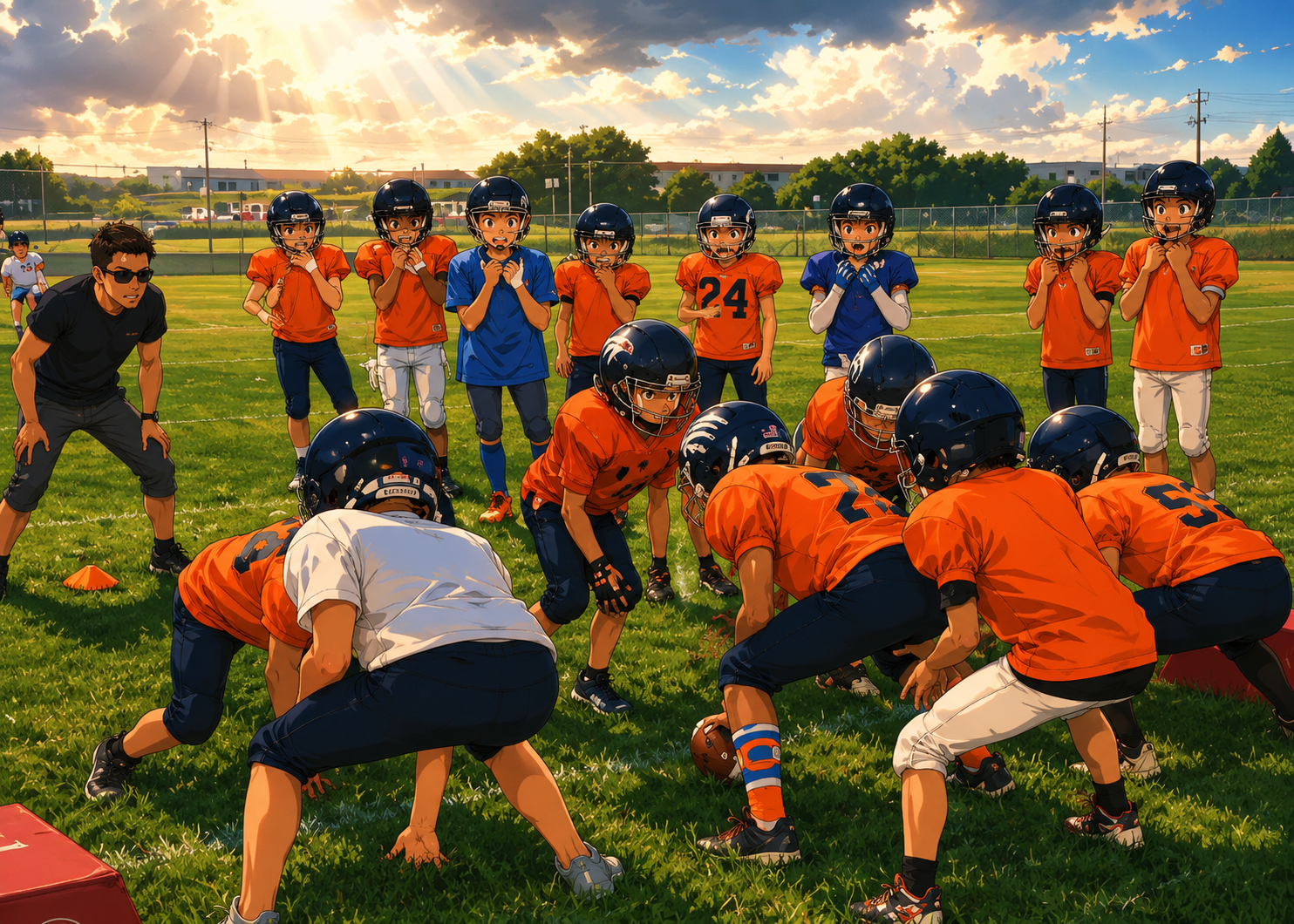 Youth football players running a team drill under a coach's direction.
