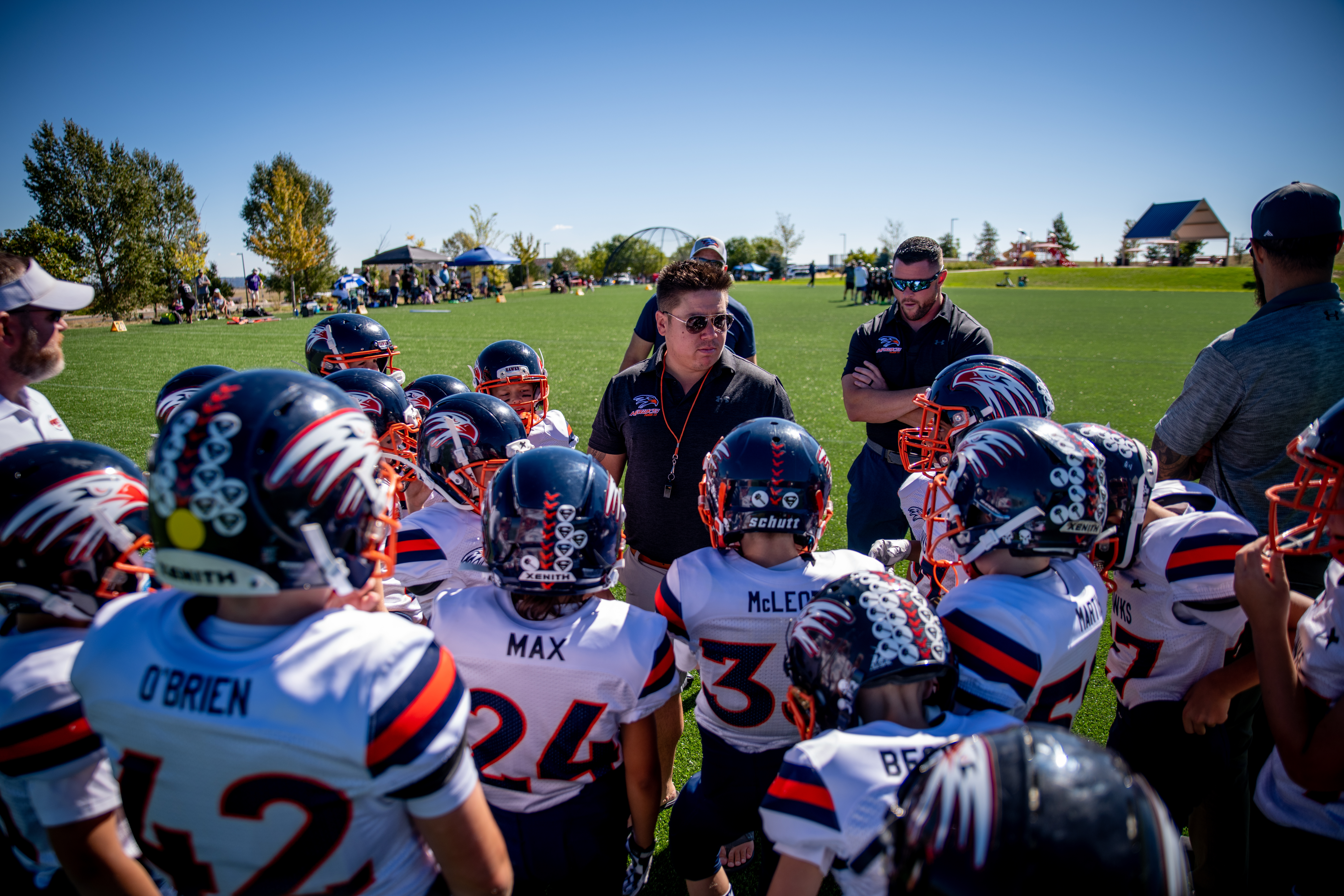 Coach guiding youth football players on the field
