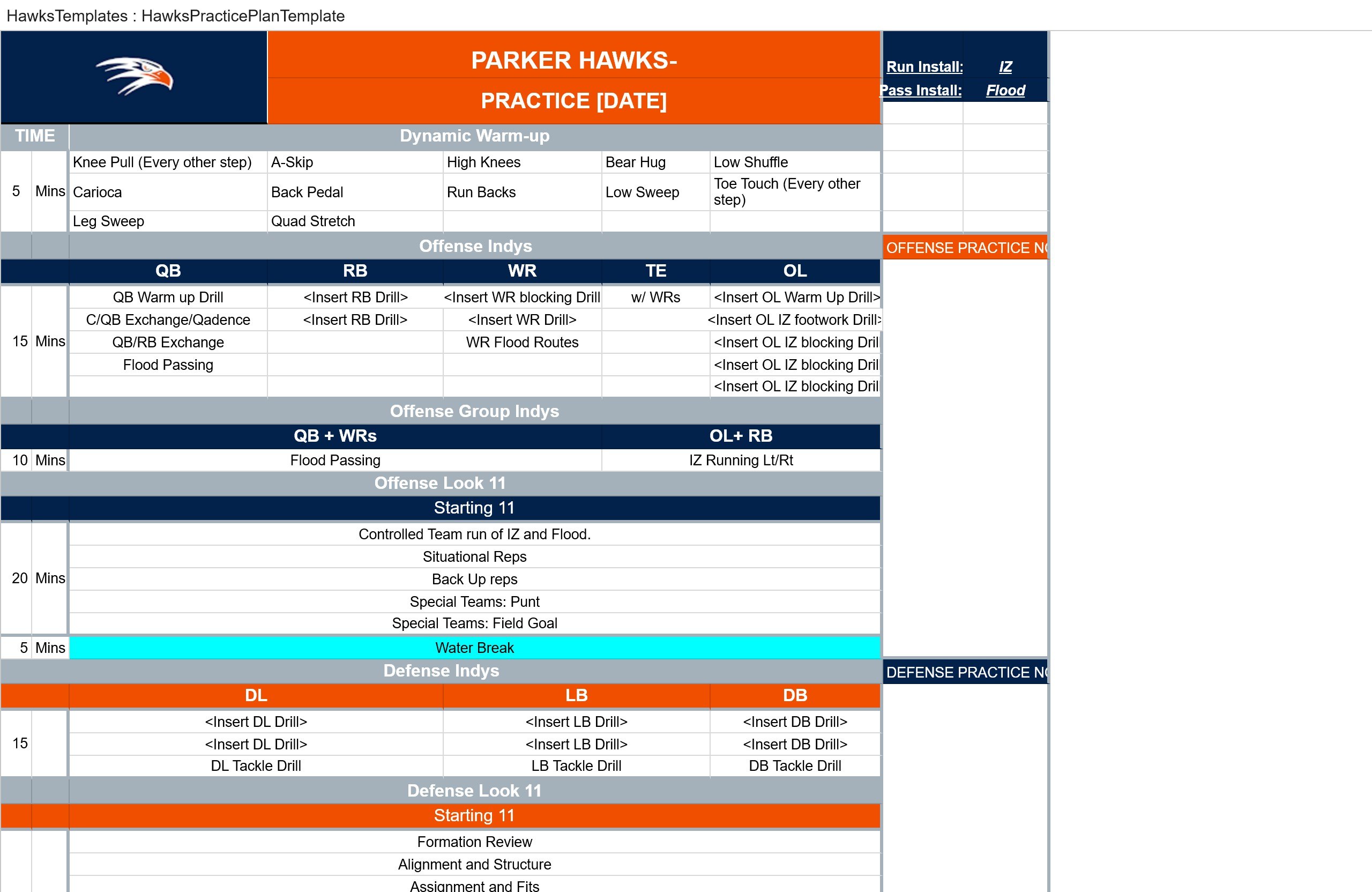 Parker Hawks Practice Plan Template showing time-blocked sections for dynamic warm-up, offense and defense position groups, team installs, and a water break